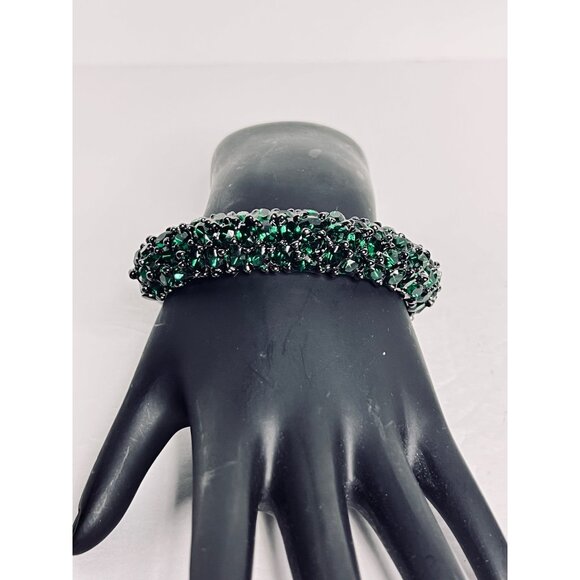 Kenneth Jay Lane Jewelry - Kenneth J Lane Black Tone And Green Rhinestone Hinged Bangle Bracelet (6231)